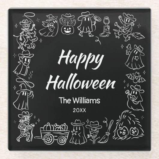 Black & White Quirky Hand getekend Happy Halloween Glazen Onderzetter (Voorkant)