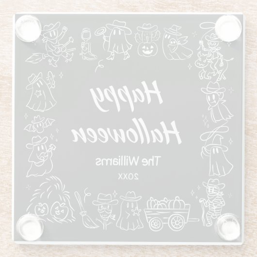 Black & White Quirky Hand getekend Happy Halloween Glazen Onderzetter (Achterkant)