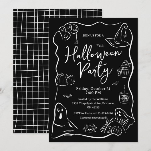 Black & White Quirky Hand getrokken Halloween Part Kaart (Voorkant / Achterkant)