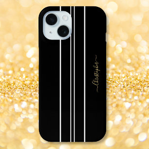 Black White Racing Stripes Chic Gold Monogramed iPhone 15 Case