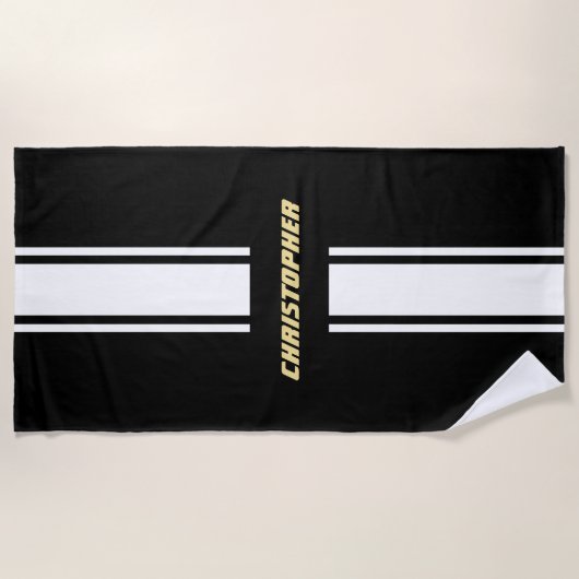 Black White Racing Stripes Gold Monogrammed Pool Strandlaken (Voorkant)