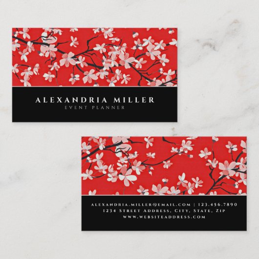 Black White & Red Cherry Blossom Floral Visitekaartje (Voorkant / Achterkant)