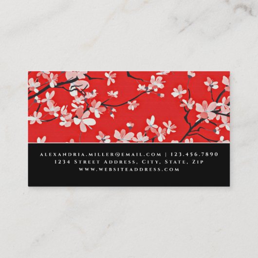 Black White & Red Cherry Blossom Floral Visitekaartje (Achterkant)