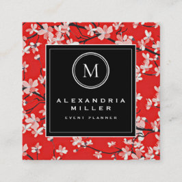 Black White & Red Cherry Blossom | Monogram Vierkante Visitekaartje