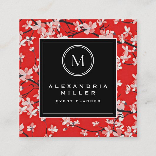 Black White & Red Cherry Blossom | Monogram Vierkante Visitekaartje (Voorkant)