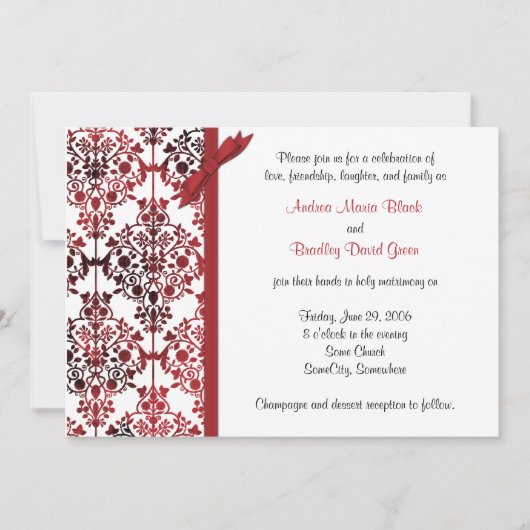 Black White Red Damask Floral Wedding Invitation Kaart (Voorkant)