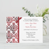 Black White Red Damask Floral Wedding Invitation Kaart (Staand voorkant)