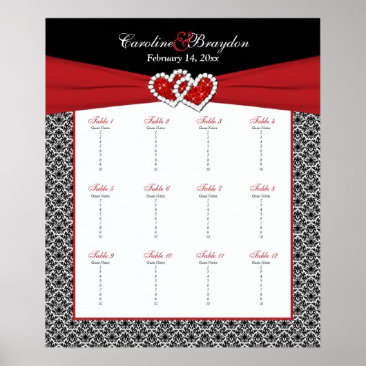 Black White Red Damask Heart Table Seating Poster (Voorkant)