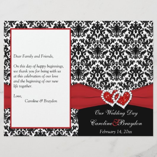Black White Red Damask, Hearts Wedding Program (Voorkant)