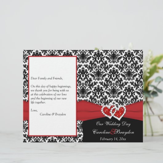 Black White Red Damask, Hearts Wedding Program (Staand voorkant)