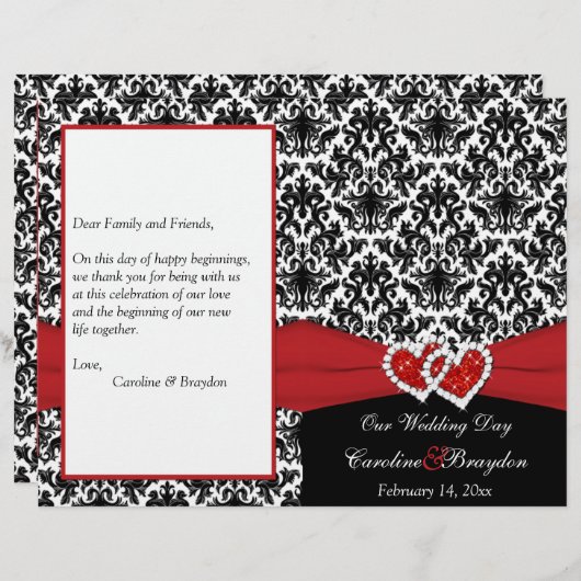 Black White Red Damask, Hearts Wedding Program (Voorkant / Achterkant)