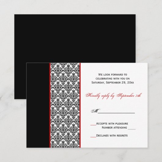 Black White Red Damask RSVP Card Kaart (Voorkant / Achterkant)