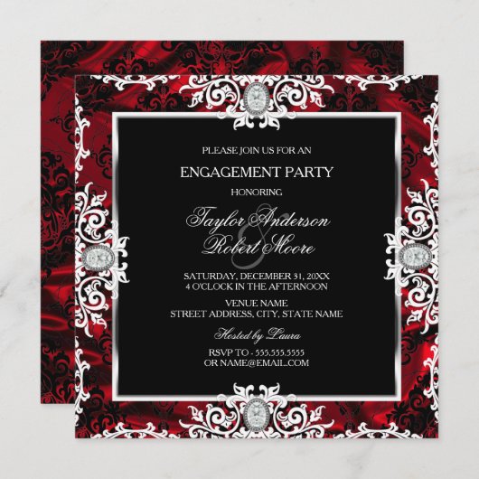 Black White Red Diamond Damask Engagement Party Kaart (Voorkant / Achterkant)