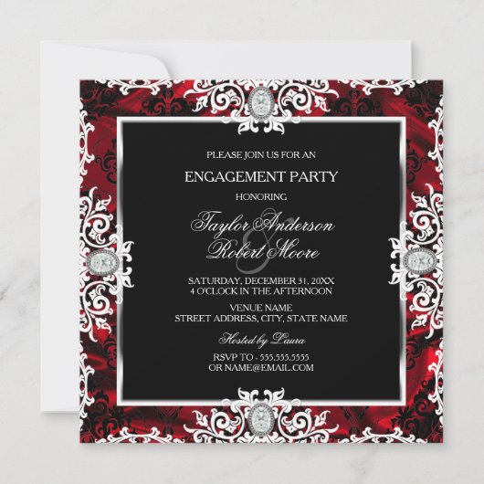 Black White Red Diamond Damask Engagement Party Kaart (Voorkant)