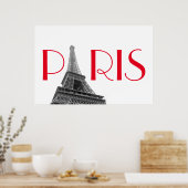 Black & White Red Eiffel Tower Paris Poster (Keuken)