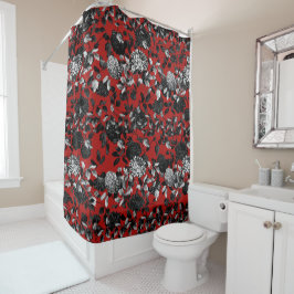 Black White Red Floral Toile Garden Douchegordijn