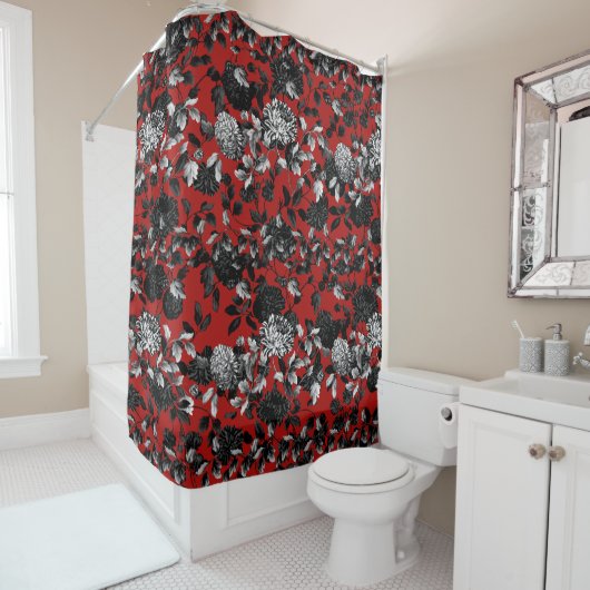 Black White Red Floral Toile Garden Douchegordijn (In situ)
