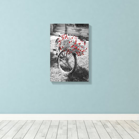 Black White Red Flowers  Bicycle Summer Canvas Afdruk (Insitu (Houten vloer))