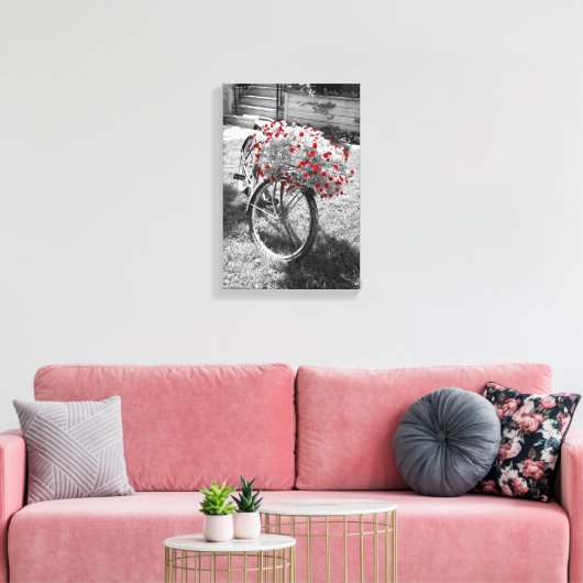 Black White Red Flowers Bicycle Summer Canvas Afdruk (Insitu (Woonkamer))