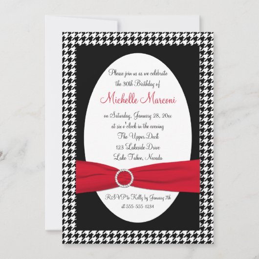 Black, White, Red Houndstooth 30th Birthday Invite Kaart (Voorkant)