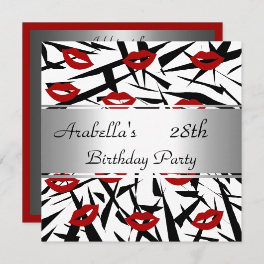Black White Red Lips nodigen Birthday Party uit Kaart (Voorkant / Achterkant)