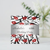 Black White Red Lips nodigen Birthday Party uit Kaart (Staand voorkant)