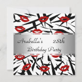 Black White Red Lips nodigen Birthday Party uit Kaart (Voorkant)