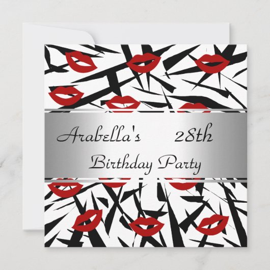 Black White Red Lips nodigen Birthday Party uit Kaart (Voorkant)