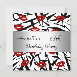 Black White Red Lips nodigen Birthday Party uit Kaart