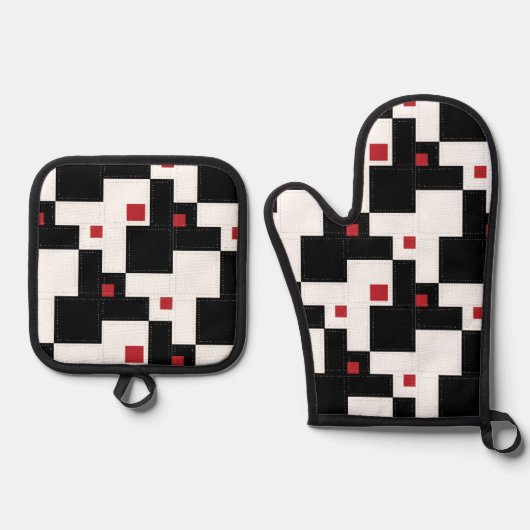 Black White Red Modern  patchwork Ovenwant & Pannenlap Set (Voorkant)