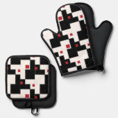 Black White Red Modern  patchwork Ovenwant & Pannenlap Set (Voorkant / Achterkant)