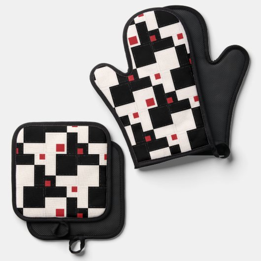 Black White Red Modern patchwork Ovenwant & Pannenlap Set (Voorkant / Achterkant)