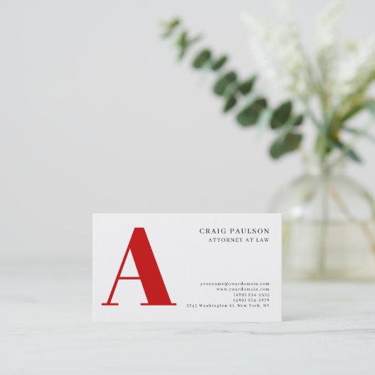 Black White Red Monogram Attorney Business Card Visitekaartje (Staand voorkant)