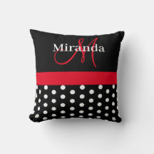 Black White Red Monogram Script Polka Dots