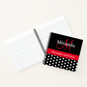 Black White Red Monogram Script Polka Dots Notitieboek