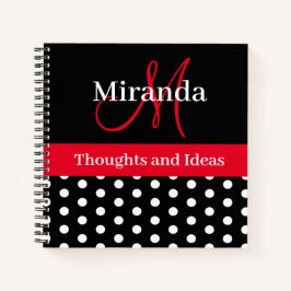 Black White Red Monogram Script Polka Dots Notitieboek