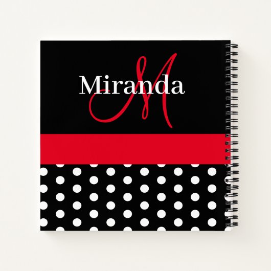 Black White Red Monogram Script Polka Dots Notitieboek (Achterkant)