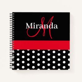 Black White Red Monogram Script Polka Dots Notitieboek