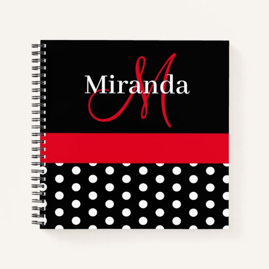 Black White Red Monogram Script Polka Dots Notitieboek (Voorkant)