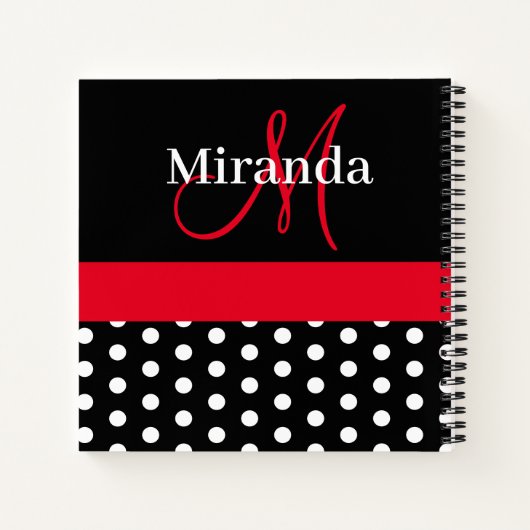 Black White Red Monogram Script Polka Dots Notitieboek (Achterkant)
