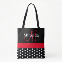 Black White Red Monogram Script Polka Dots