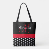 Black White Red Monogram Script Polka Dots Tote Bag (Achterkant)
