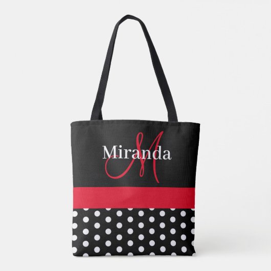 Black White Red Monogram Script Polka Dots Tote Bag (Achterkant)