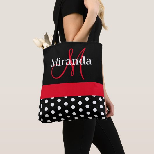 Black White Red Monogram Script Polka Dots Tote Bag (Dichtbij)
