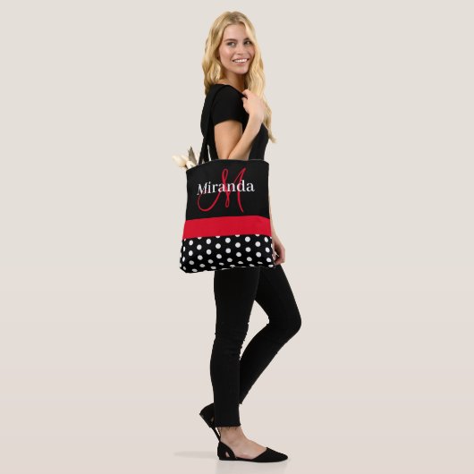 Black White Red Monogram Script Polka Dots Tote Bag (Op model)