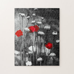Black White Red Poppies Flower Art Sjabloon Floral Legpuzzel