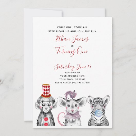 Black White Red Script Circus 1st Birthday Party Kaart (Voorkant)