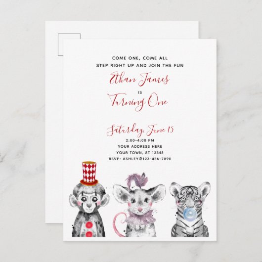 Black White Red Script Circus 1st Birthday Party Uitnodiging Briefkaart (Voorkant / Achterkant)