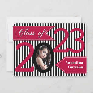 Black White Red Striped Photo Afstuderen Invite Kaart