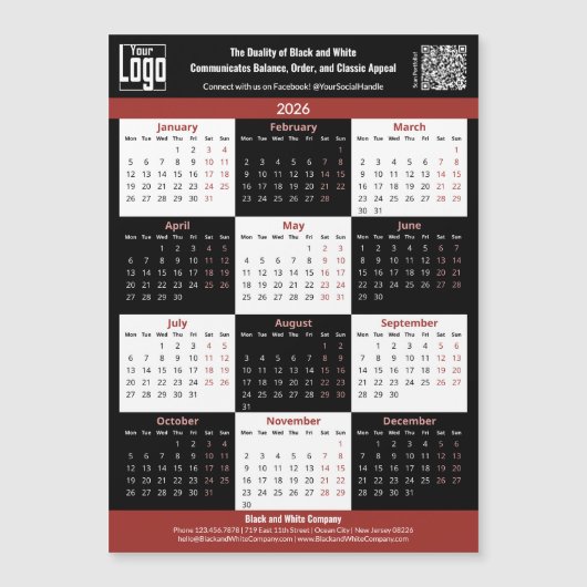 Black, White, Red Your Logo 2026 Calendar Magnet (Voorkant)